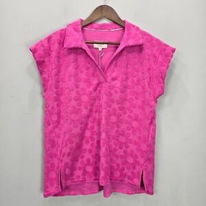 Umgee Top S Pink Terry Cloth Textured Floral Collared Cap Sleeve Cover Up Barbie